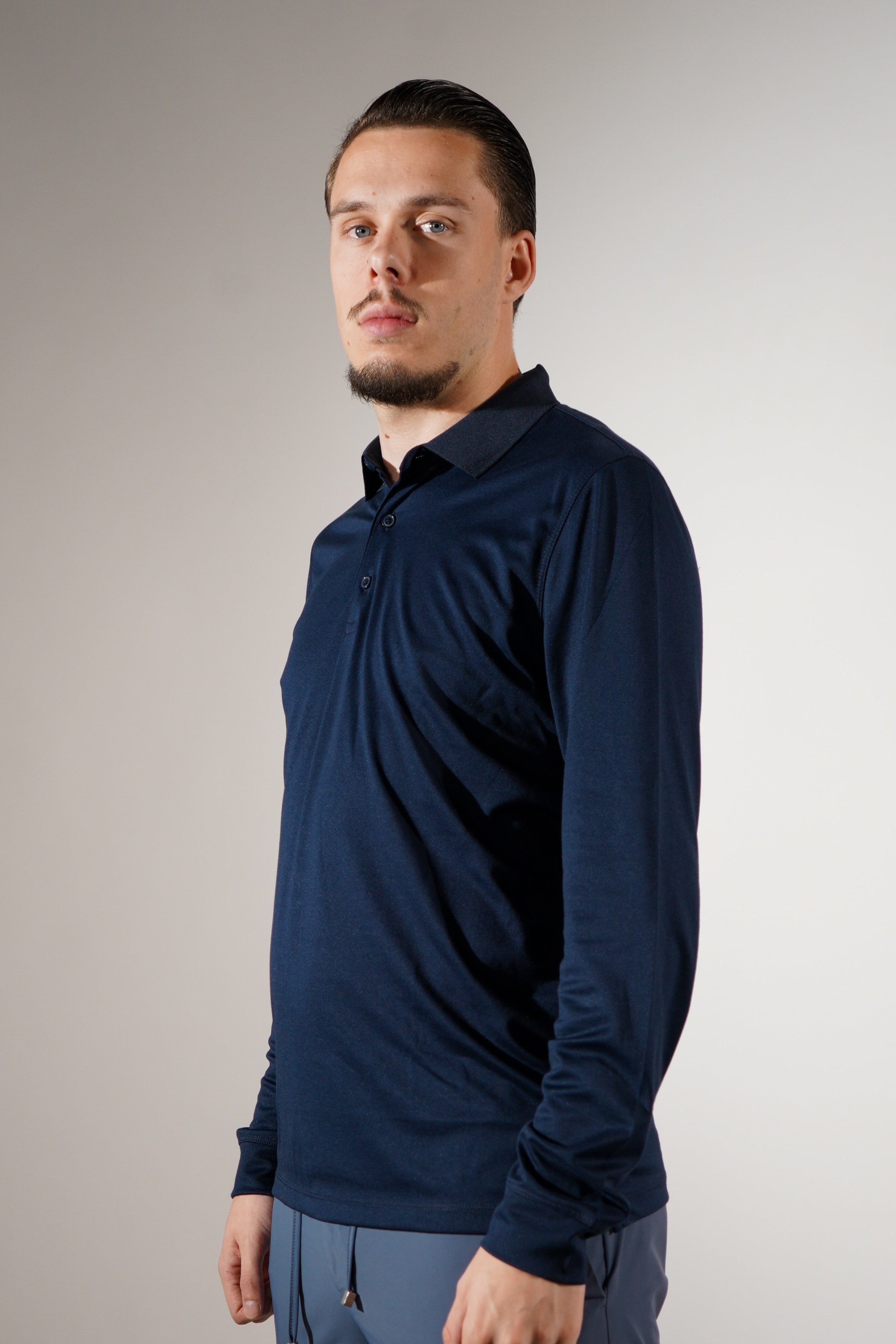 Mercerized Longsleeve Polo Navy Blauw