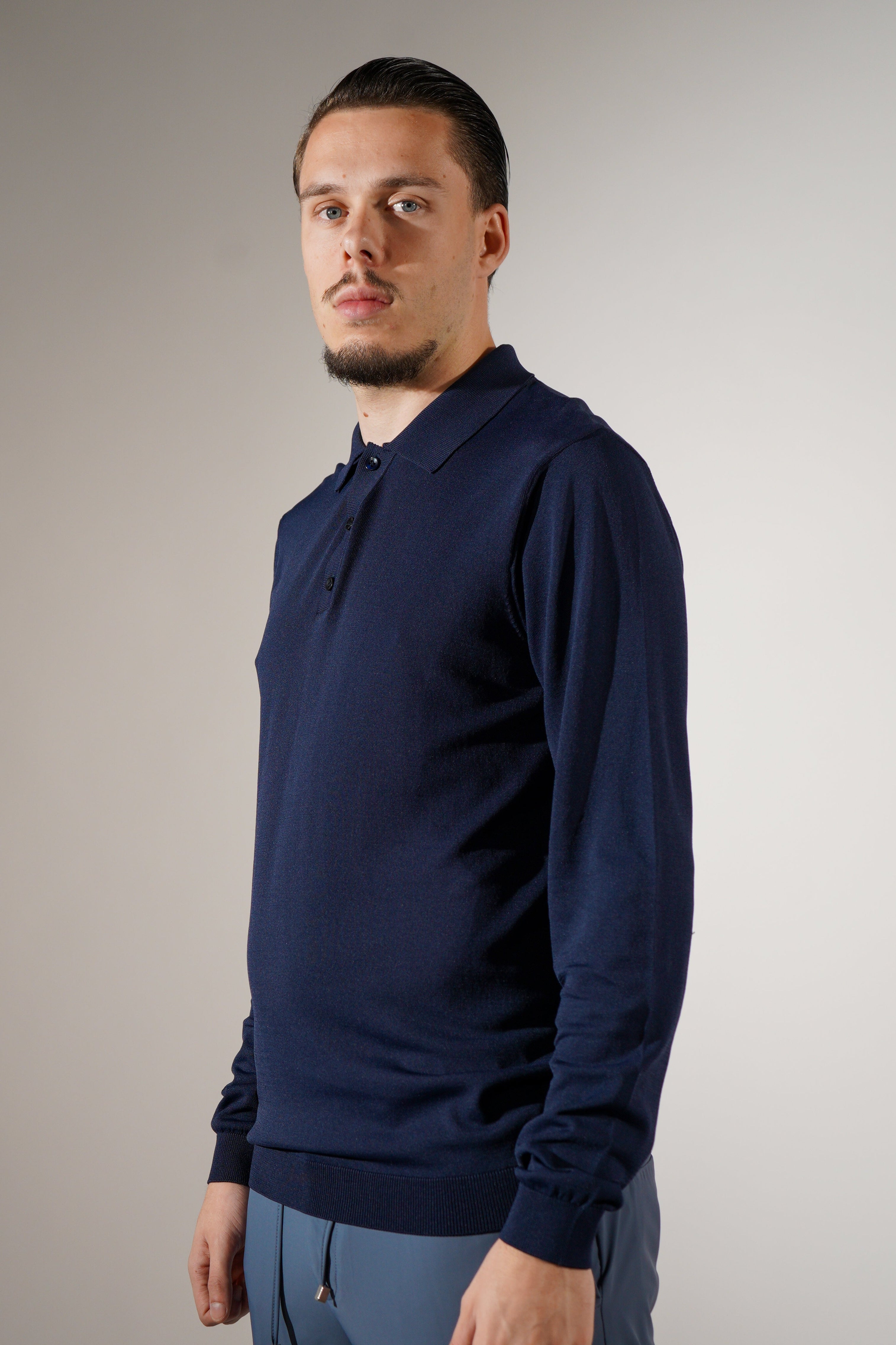 Longsleeve Polo Button Navy Blauw